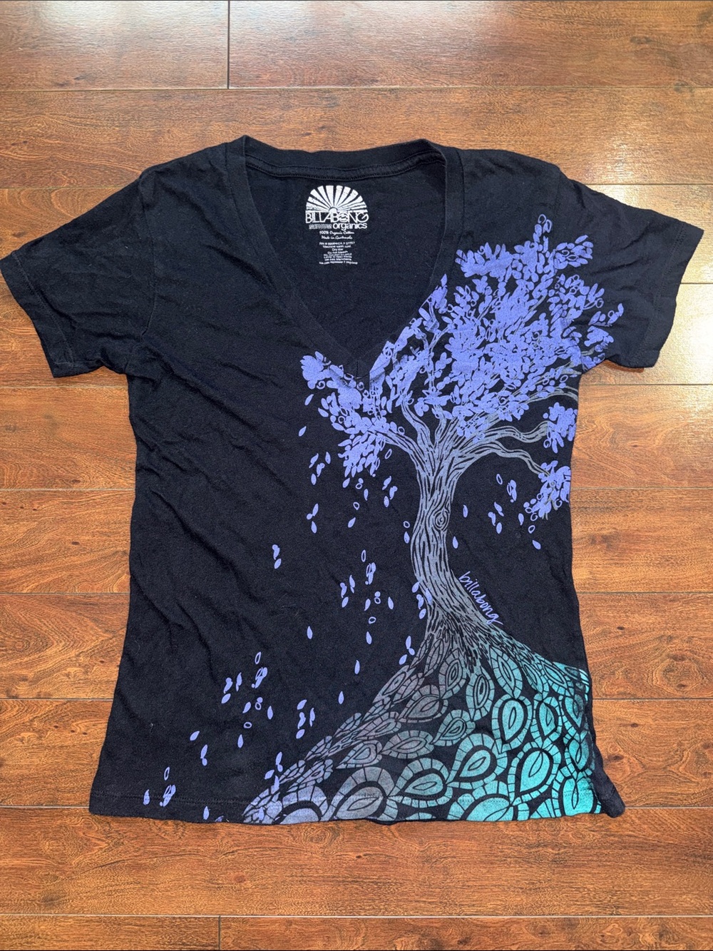 Billabong Organics Black V-Neck Tee with Purple Tree & Teal Root Graphic
